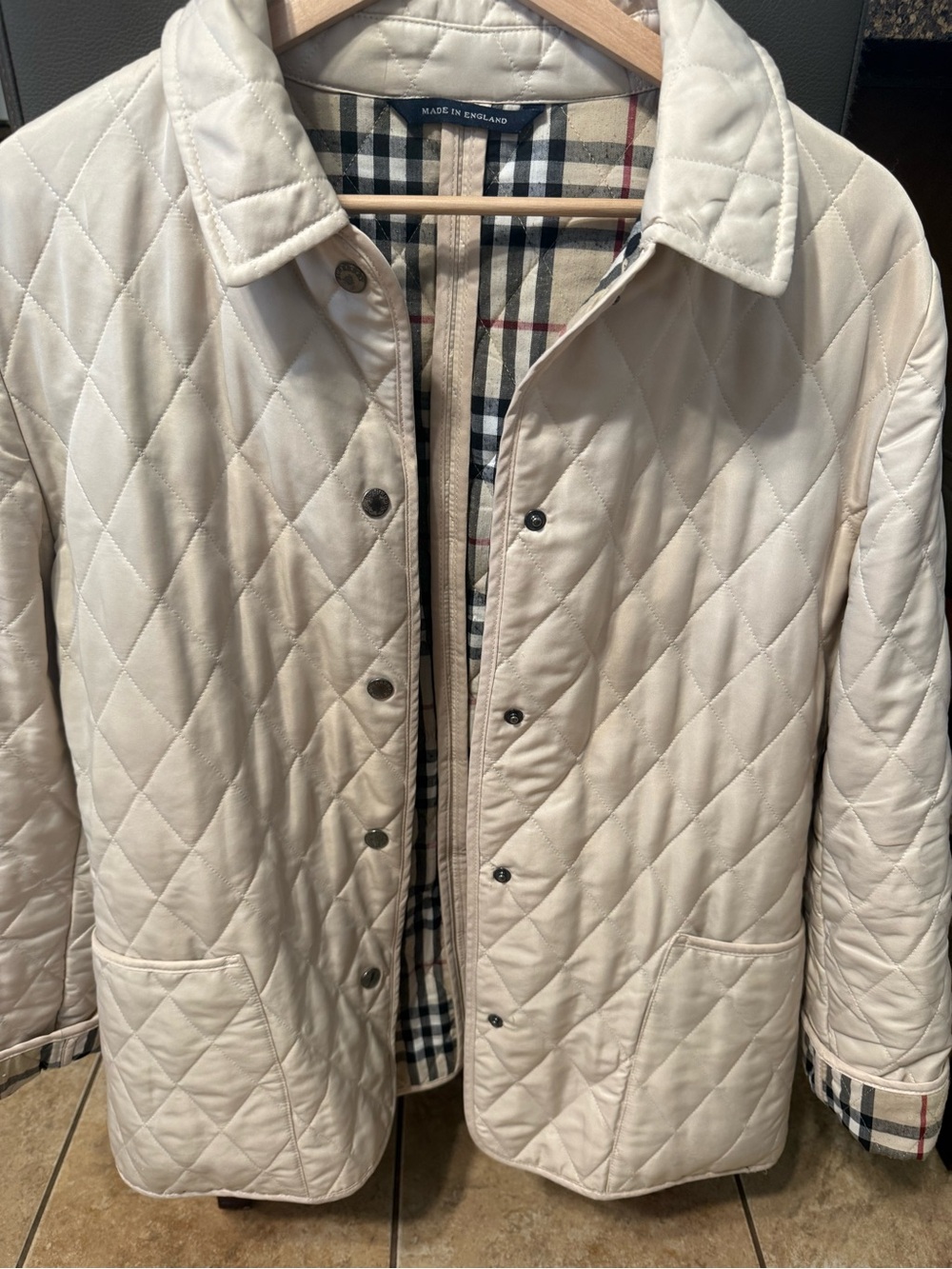 Burberry Oatmeal Classic Quilted Cream Jacket with Check Lining